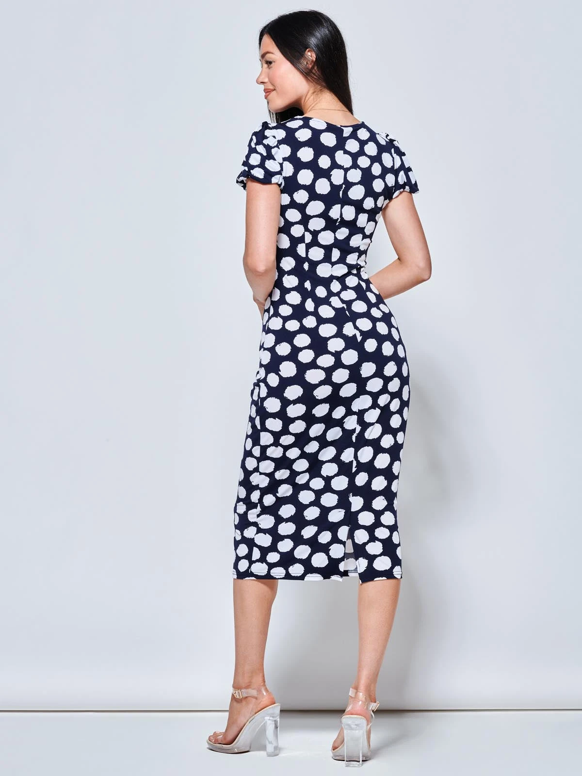 Short Sleeve Jersey Bodycon Midi Dress, Navy Polka Dot 2 Short Sleeve Jersey Bodycon Midi Dress, Navy Polka Dot - Image 2