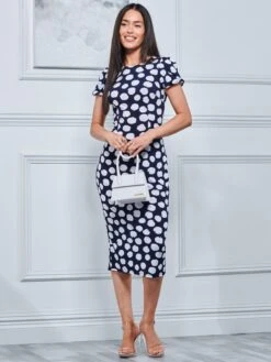 Short Sleeve Jersey Bodycon Midi Dress, Navy Polka Dot 8 Short Sleeve Jersey Bodycon Midi Dress, Navy Polka Dot -DORIA Clothing Shop D567 220 NavyPolkaDot 4