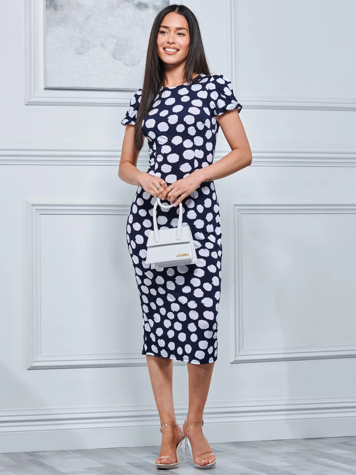 Short Sleeve Jersey Bodycon Midi Dress, Navy Polka Dot 4 Short Sleeve Jersey Bodycon Midi Dress, Navy Polka Dot - Image 4