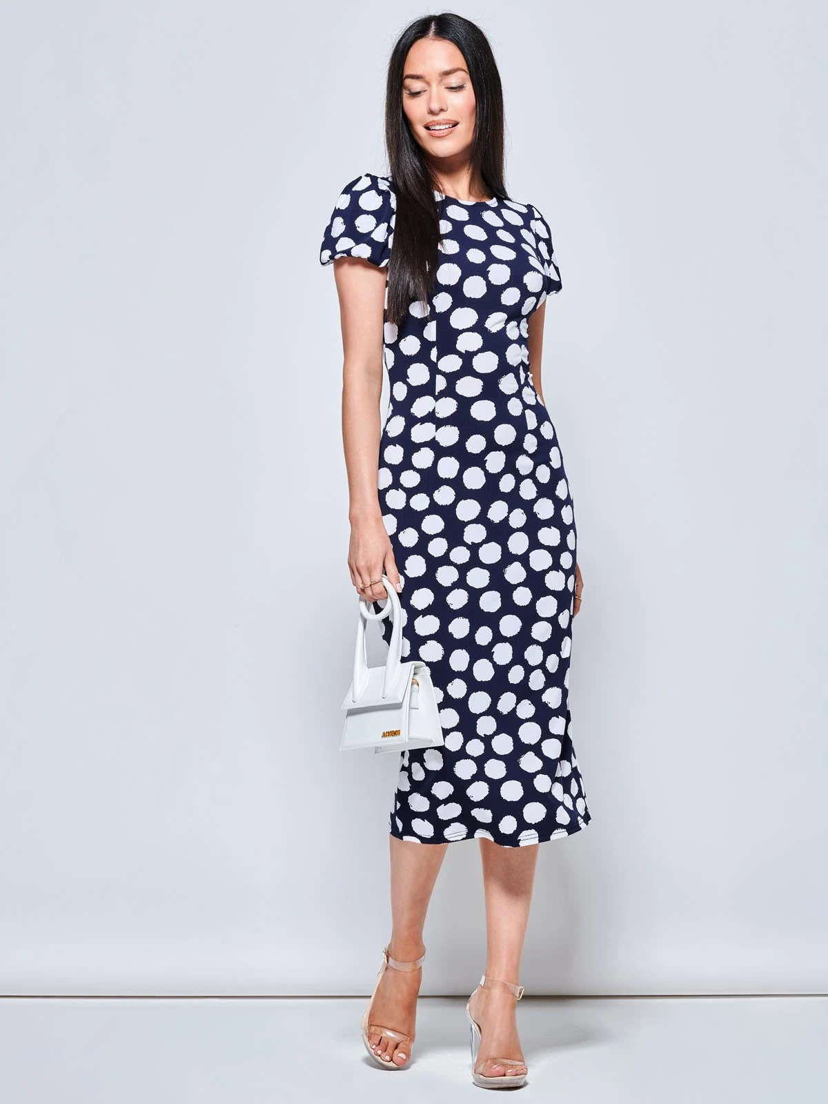 Short Sleeve Jersey Bodycon Midi Dress, Navy Polka Dot 5 Short Sleeve Jersey Bodycon Midi Dress, Navy Polka Dot - Image 5