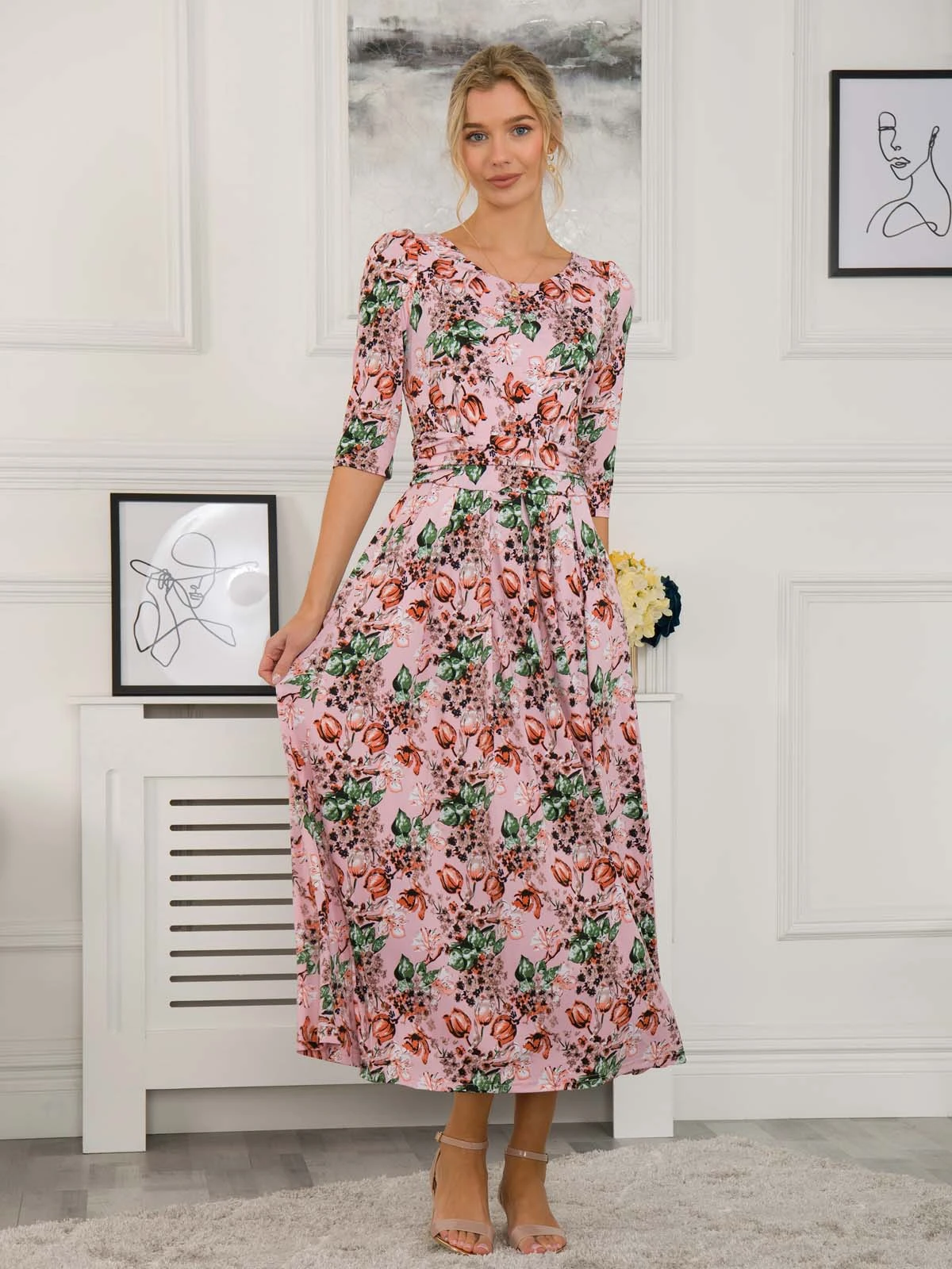 Dorothy Abstract Floral Print Dress, Pink Floral 3 Dorothy Abstract Floral Print Dress, Pink Floral - Image 3