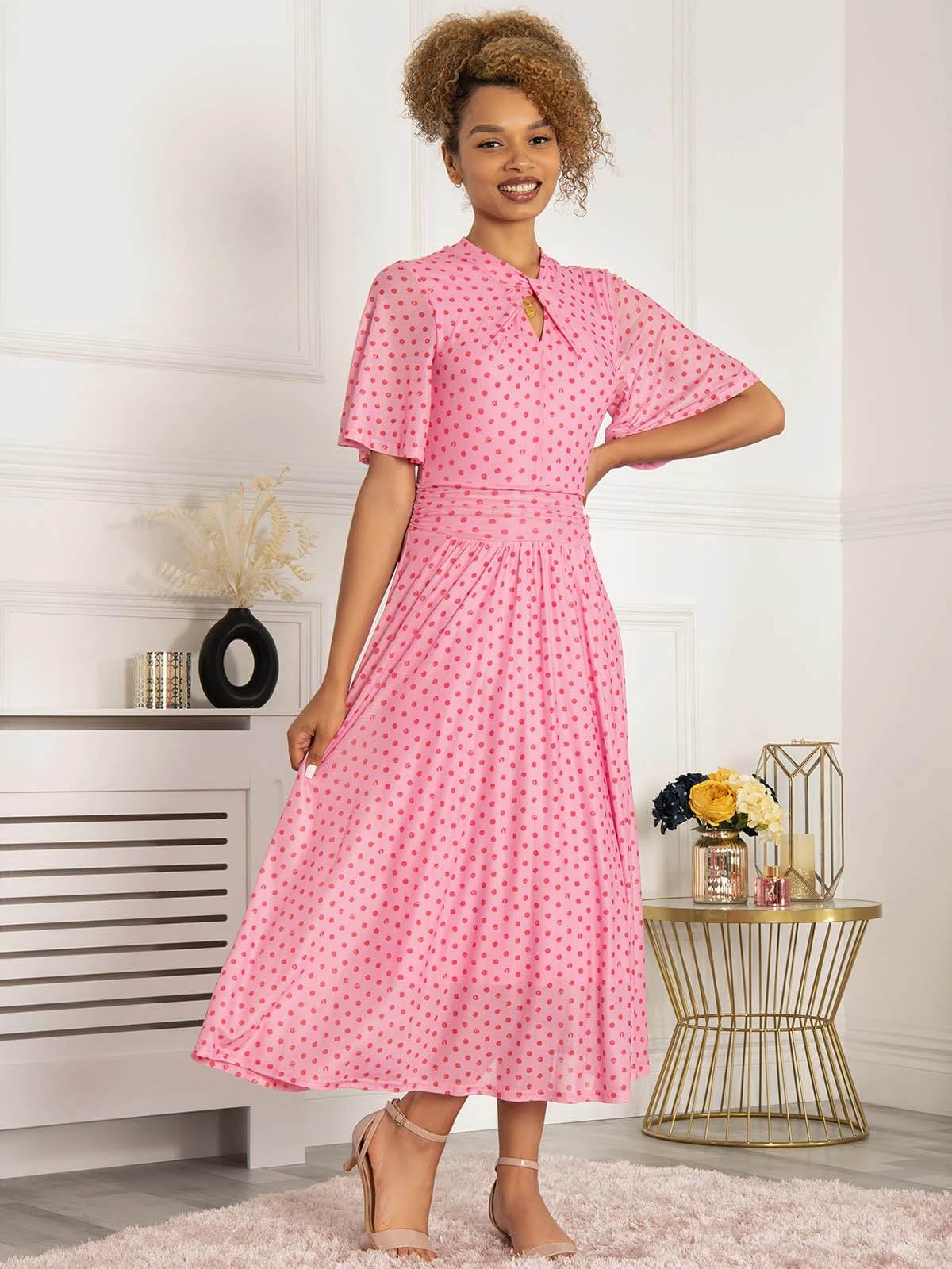 Jolie Moi Danika Keyhole Neck Mesh Dress, Pink Polka 3 Jolie Moi Danika Keyhole Neck Mesh Dress, Pink Polka - Image 3