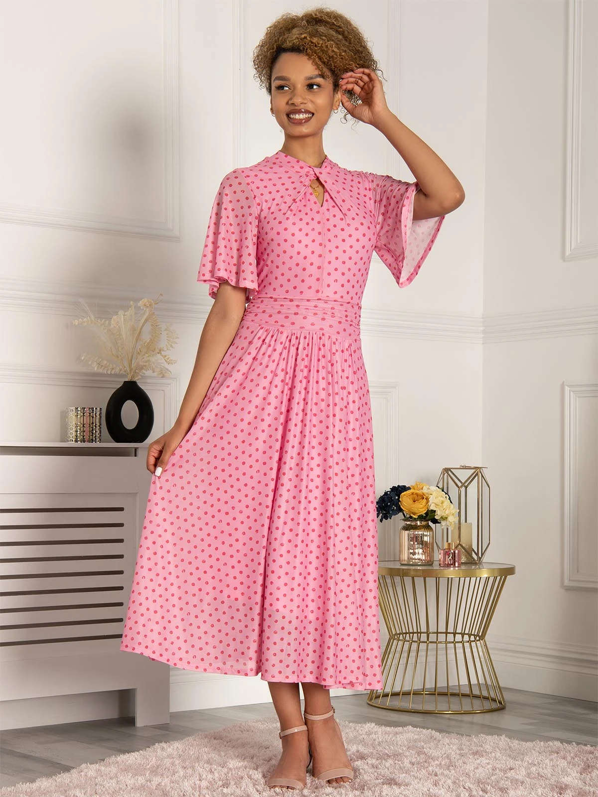 Jolie Moi Danika Keyhole Neck Mesh Dress, Pink Polka 4 Jolie Moi Danika Keyhole Neck Mesh Dress, Pink Polka - Image 4