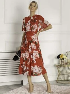 Danika Keyhole Neck Mesh Dress, Red Floral -DORIA Clothing Shop DL 2389 RedFloral 2