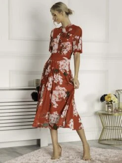 Danika Keyhole Neck Mesh Dress, Red Floral -DORIA Clothing Shop DL 2389 RedFloral 3