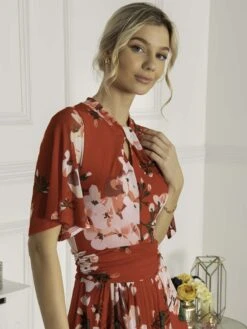 Danika Keyhole Neck Mesh Dress, Red Floral -DORIA Clothing Shop DL 2389 RedFloral 5