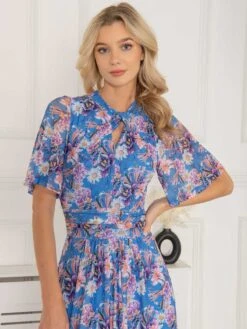 Jolie Moi Danika Keyhole Neck Mesh Dress, Royal Multi -DORIA Clothing Shop DL 2389 RoyalMulti 5