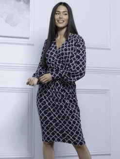Jolie Moi Danielle Long Sleeve Dress, Navy Geo -DORIA Clothing Shop DLY362 6 NavyGeo 3