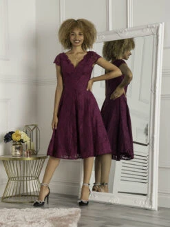 Scalloped V Neck Cap Sleeve Lace Dress, Dark Purple 10 Scalloped V Neck Cap Sleeve Lace Dress, Dark Purple -DORIA Clothing Shop DR 80022 DarkPurple 2 R Web