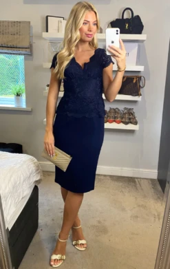 Sleeve Lace Peplum Dress, Navy -DORIA Clothing Shop DR 80025Navy 1 99393b1f 721d 4a3b 9f94 a0e6a1328c7a
