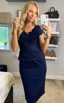 Sleeve Lace Peplum Dress, Navy -DORIA Clothing Shop DR 80025Navy 2 3845f980 3c14 46b3 9b77 7c3bf7c536d5
