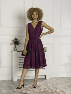 Scalloped V-Neck Lace Prom Dress, Dark Purple