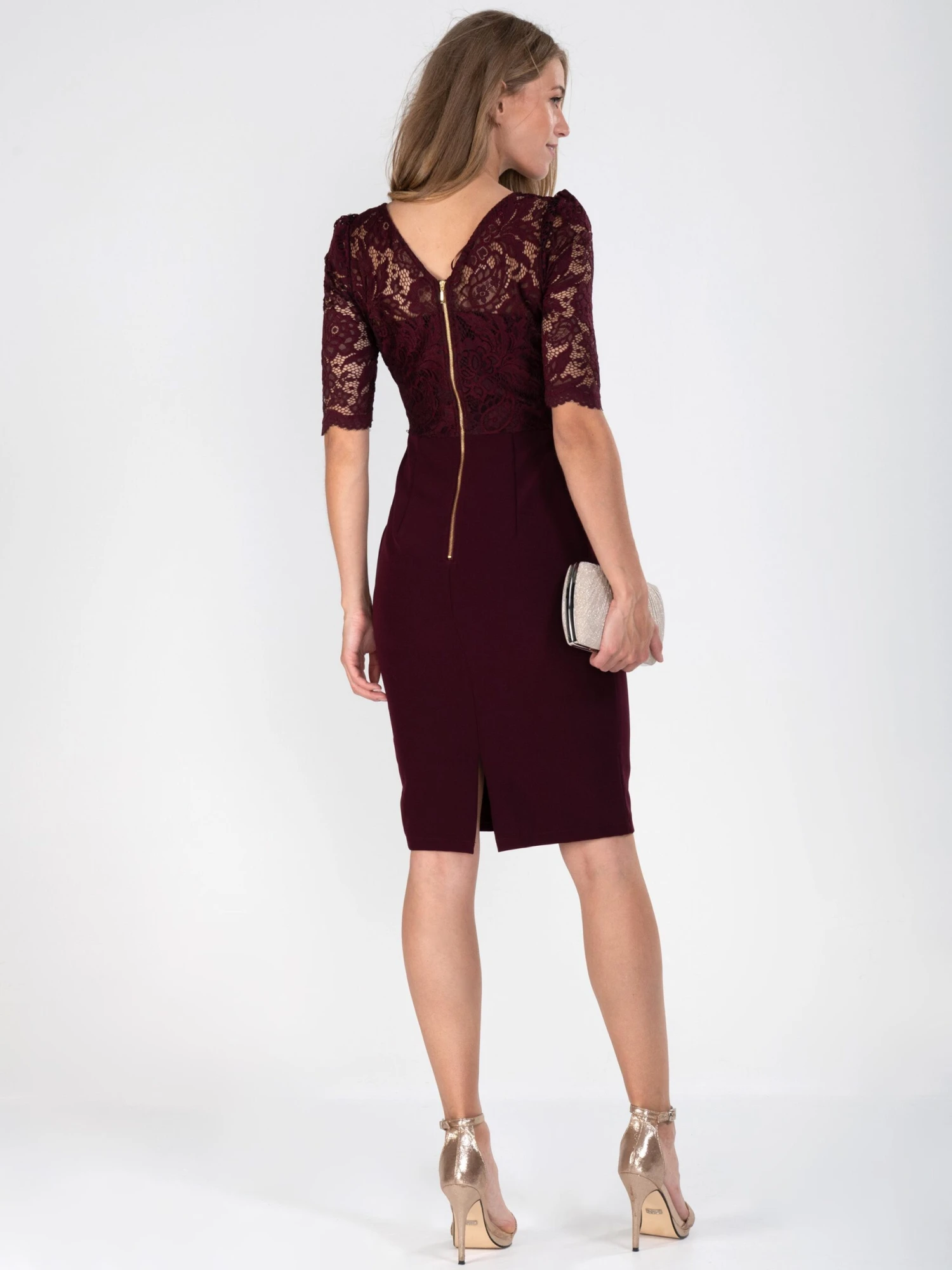 Elbow Sleeve Lace Contrast Dress, Burgundy 4 Elbow Sleeve Lace Contrast Dress, Burgundy - Image 4