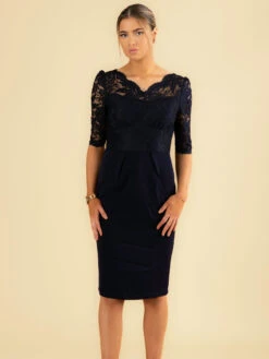 Elbow Sleeve Lace Contrast Dress, Navy