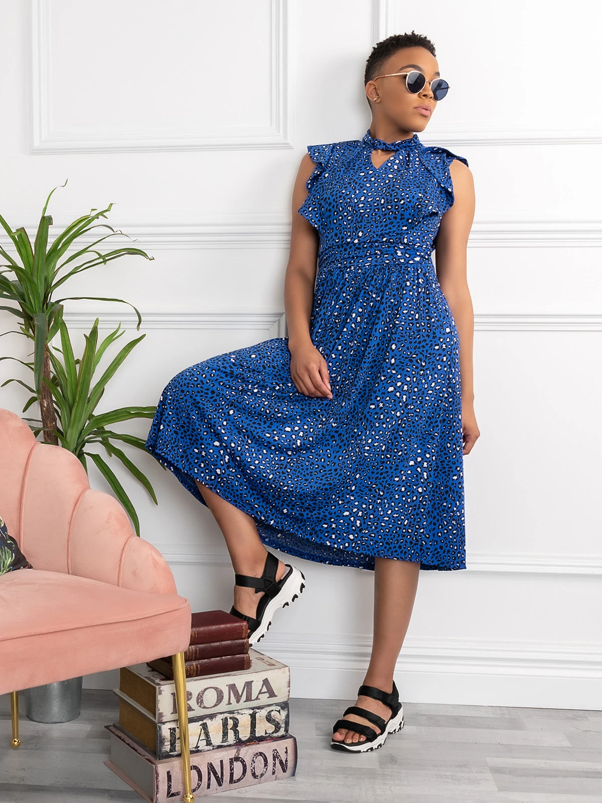 Maahi Frilly Midi Dress, Blue Animal 8 Maahi Frilly Midi Dress, Blue Animal - Image 8