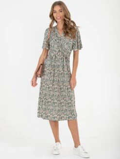 Twist Front Midi Jersey Dress, Green Pattern