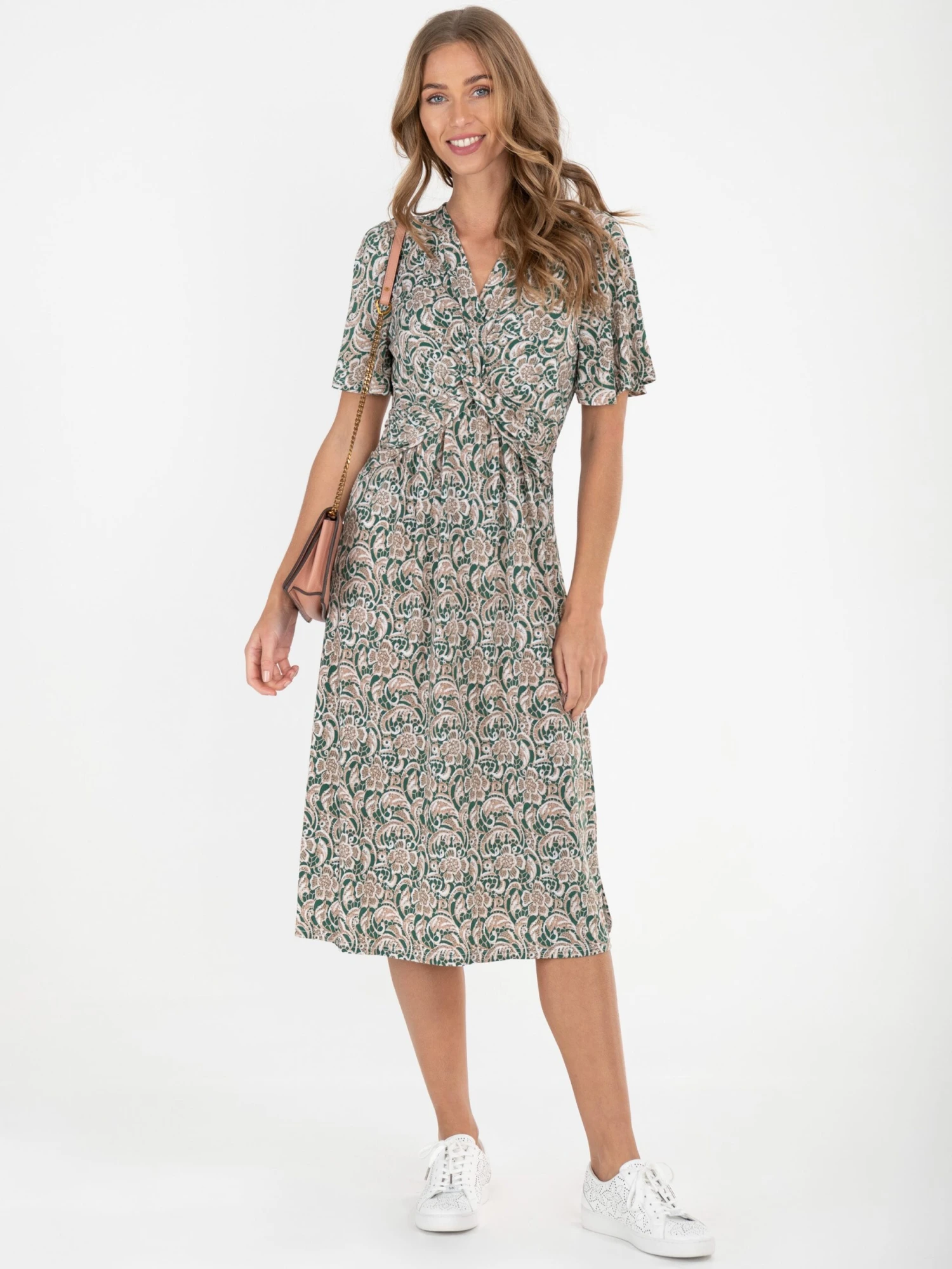 Twist Front Midi Jersey Dress, Green Pattern 1 Twist Front Midi Jersey Dress, Green Pattern
