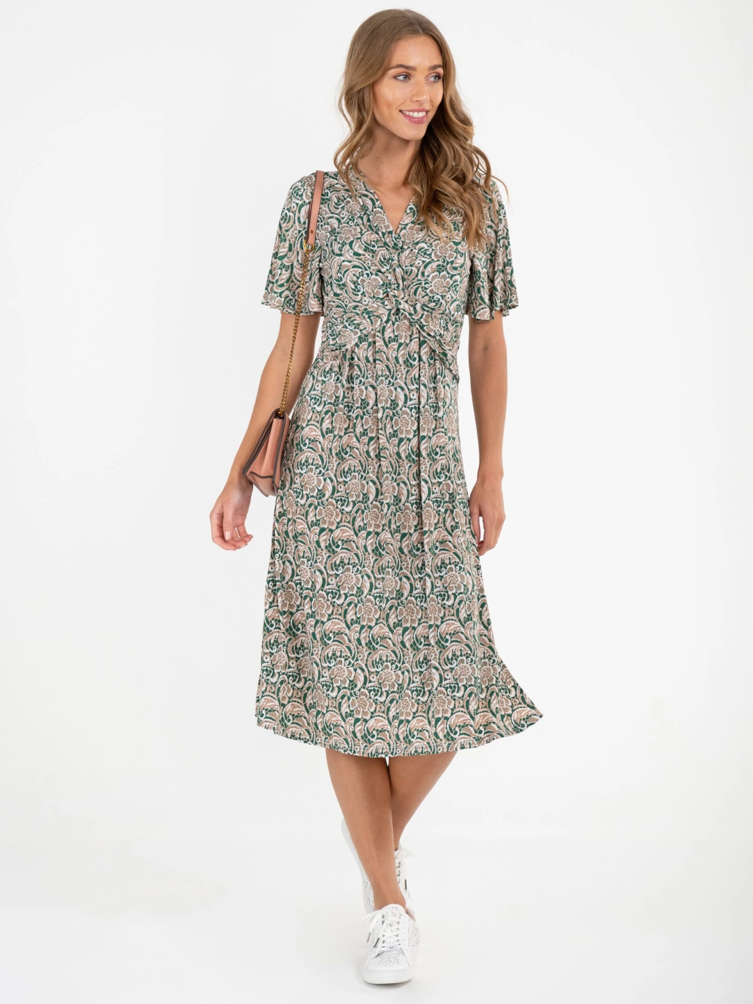 Twist Front Midi Jersey Dress, Green Pattern 2 Twist Front Midi Jersey Dress, Green Pattern - Image 2