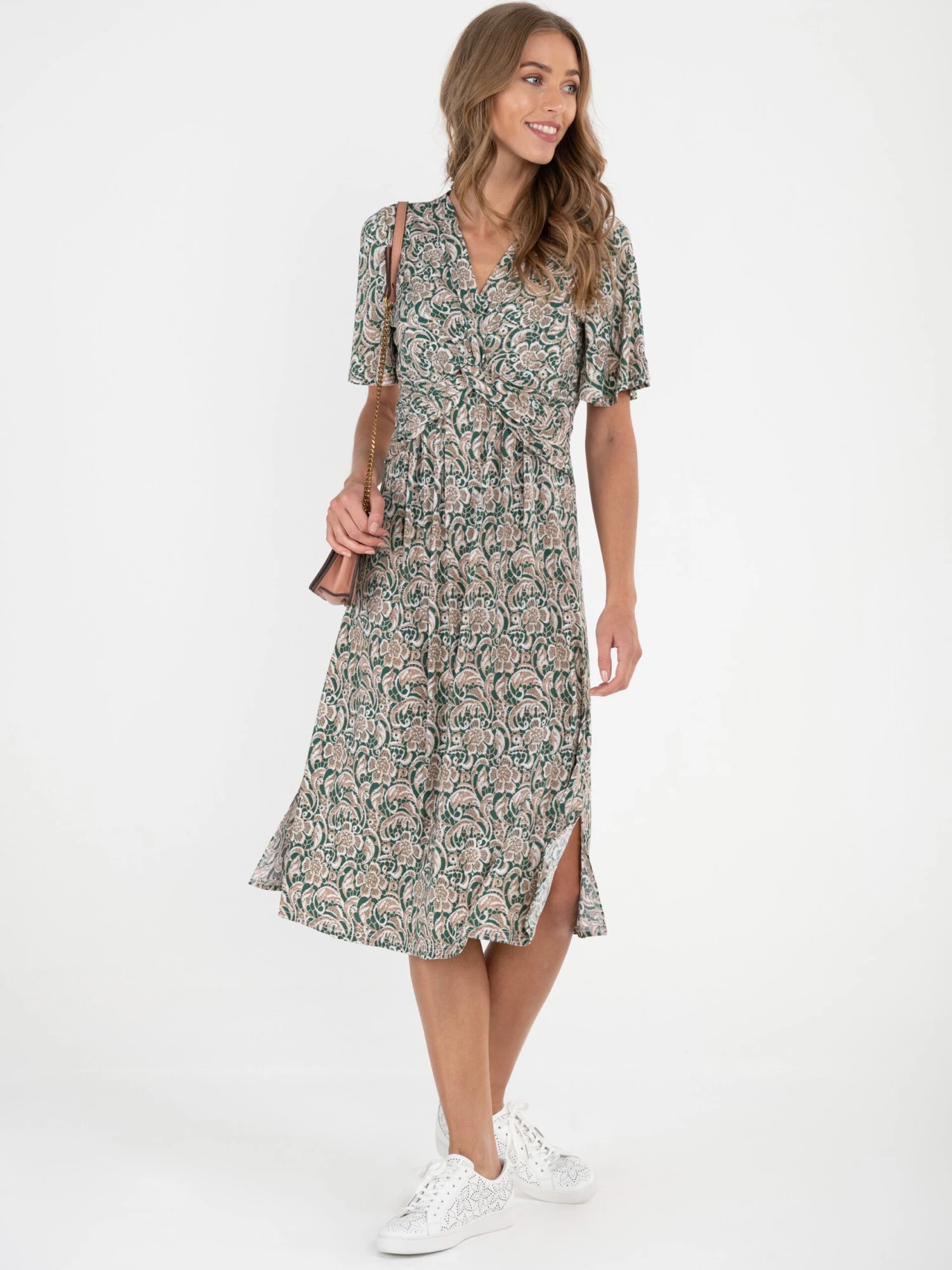 Twist Front Midi Jersey Dress, Green Pattern 3 Twist Front Midi Jersey Dress, Green Pattern - Image 3