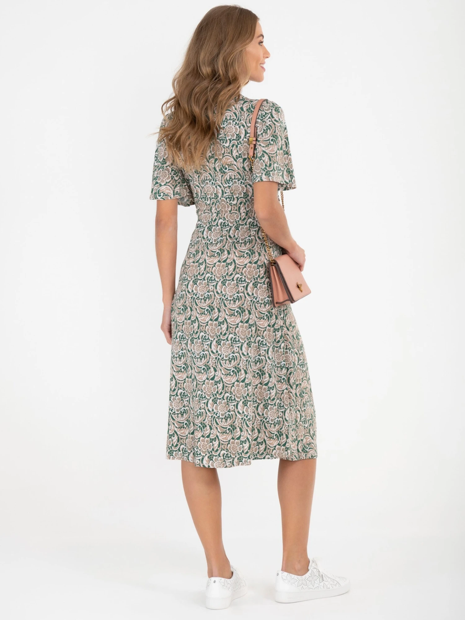 Twist Front Midi Jersey Dress, Green Pattern 4 Twist Front Midi Jersey Dress, Green Pattern - Image 4