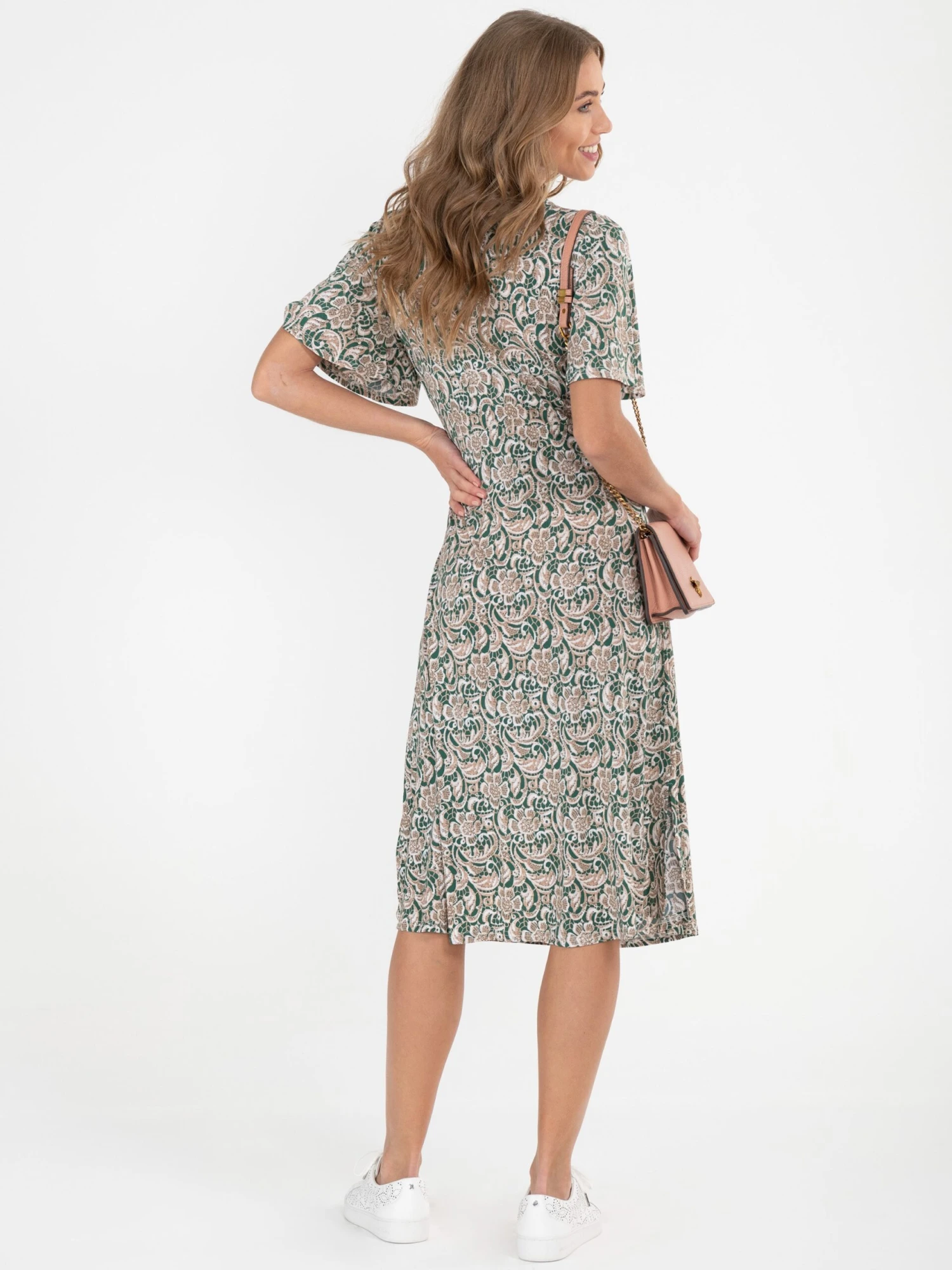 Twist Front Midi Jersey Dress, Green Pattern 5 Twist Front Midi Jersey Dress, Green Pattern - Image 5