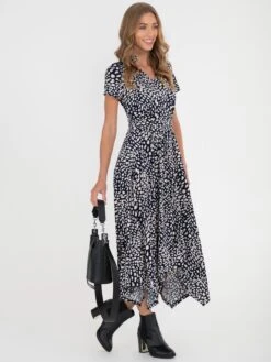 V Neck Hanky Maxi Dress, Navy Animal