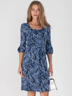 Print Balloon Sleeve Jersey Dress, Blue Multi