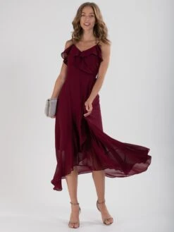 Frill Chiffon Maxi Dress, Burgundy -DORIA Clothing Shop DSC 0850