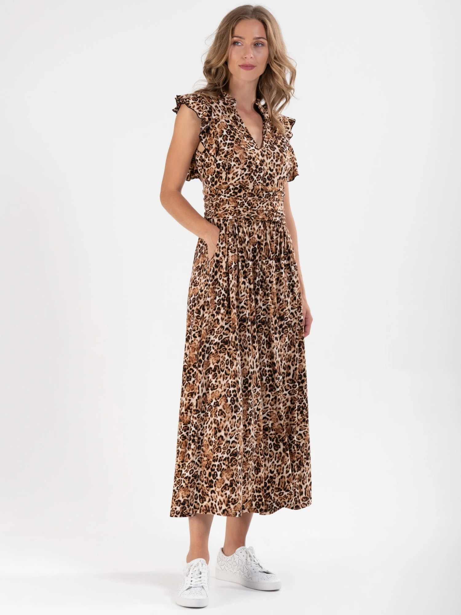 Frill Shoulder Maxi Dress, Brown Animal 2 Frill Shoulder Maxi Dress, Brown Animal - Image 2