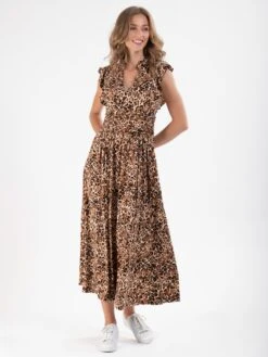 Frill Shoulder Maxi Dress, Brown Animal