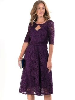 Fit & Flare Sleeved Lace Midi Dress, Dark Purple