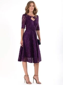 Fit & Flare Sleeved Lace Midi Dress, Dark Purple -DORIA Clothing Shop DSC 2765 e72375f7 c4c7 440e 8d39 0ed1de8e7069