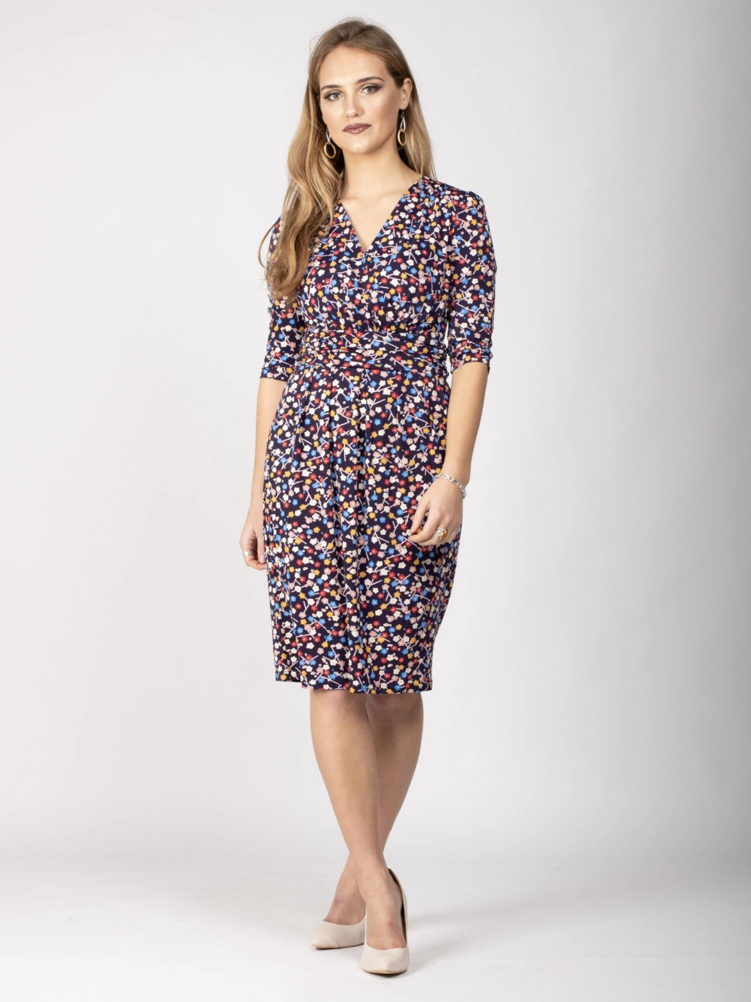 Jolie Moi Wrap Front Bodycon Dress, Navy Floral 1 Jolie Moi Wrap Front Bodycon Dress, Navy Floral