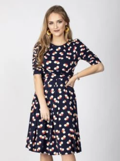Ruched Sleeve Print Jersey Midi Dress, Navy Spot