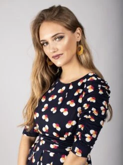 Ruched Sleeve Print Jersey Midi Dress, Navy Spot -DORIA Clothing Shop DSC 6440 2250X3000 2ea722b2 dc76 434f 8d41 4529374c52bc