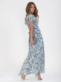 Flare Sleeve Chiffon Maxi Dress, Grey Floral -DORIA Clothing Shop DSC 7433