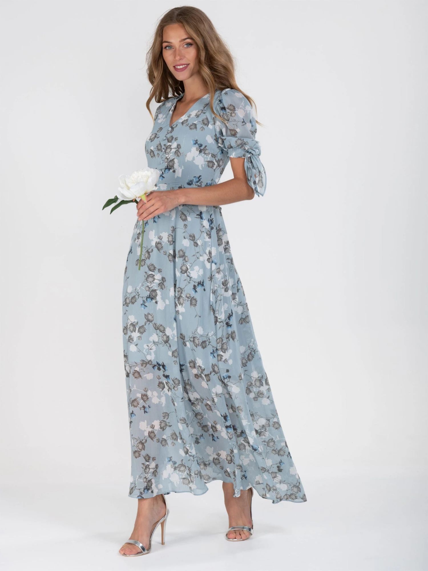 Puff Sleeve Chiffon Maxi Dress, Blue Floral 1 Puff Sleeve Chiffon Maxi Dress, Blue Floral