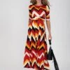 Geometric Print Ruched Sleeve Maxi Dress, Red Multi