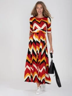 Geometric Print Ruched Sleeve Maxi Dress, Red Multi