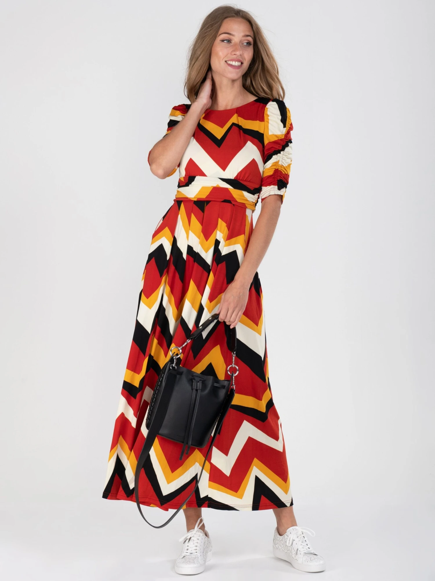 Geometric Print Ruched Sleeve Maxi Dress, Red Multi 3 Geometric Print Ruched Sleeve Maxi Dress, Red Multi - Image 3