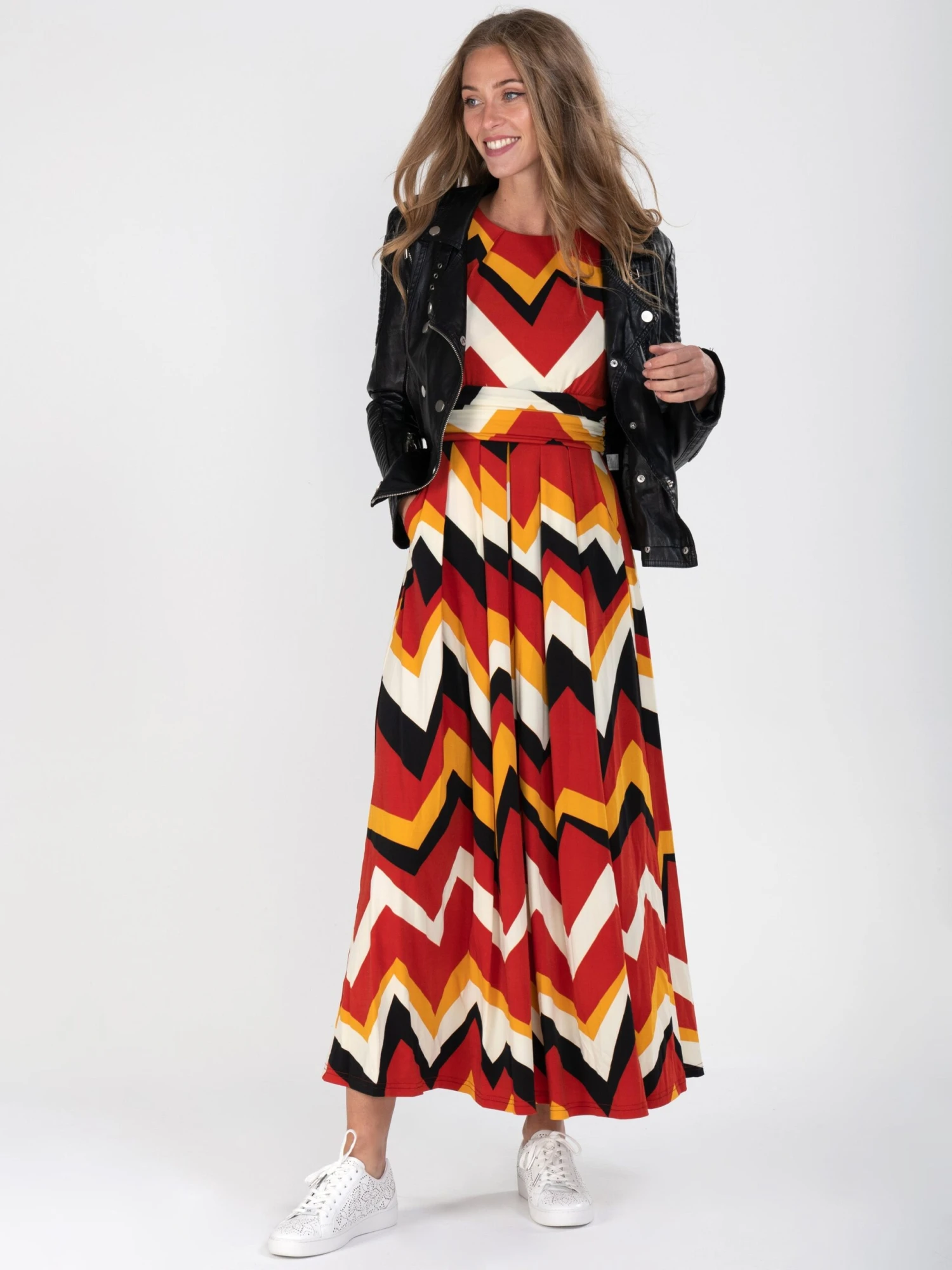 Geometric Print Ruched Sleeve Maxi Dress, Red Multi 2 Geometric Print Ruched Sleeve Maxi Dress, Red Multi - Image 2