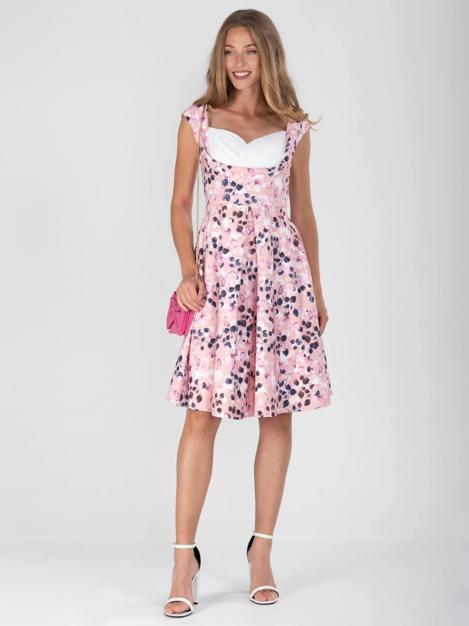 Retro Crossover Bust Swing Dress, Pink Floral 2 Retro Crossover Bust Swing Dress, Pink Floral - Image 2