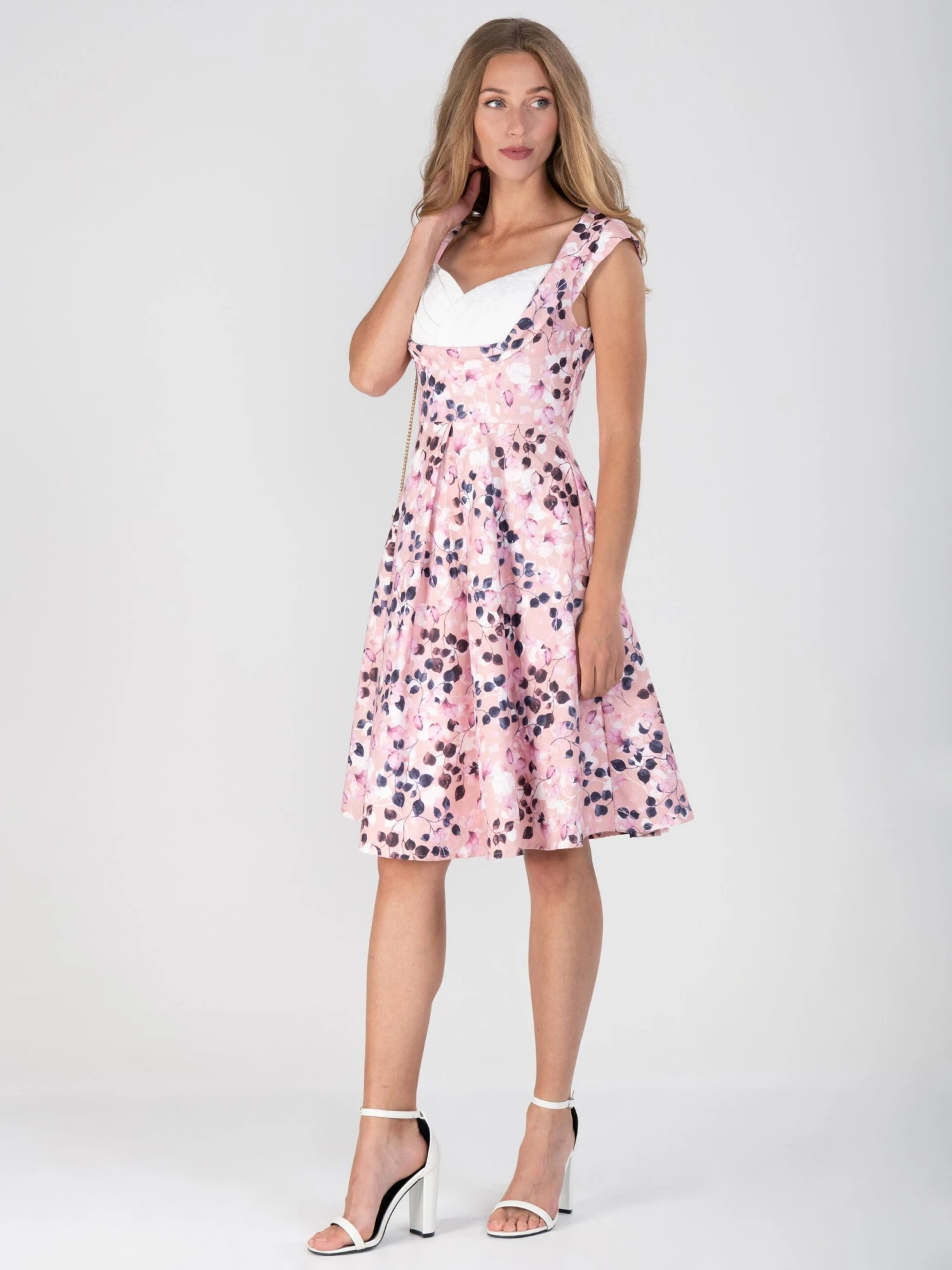 Retro Crossover Bust Swing Dress, Pink Floral 3 Retro Crossover Bust Swing Dress, Pink Floral - Image 3