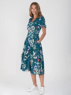 Floral Print Bow Detail Tea Dress, Teal Floral -DORIA Clothing Shop DSC 9792