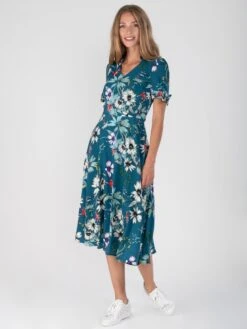 Floral Print Bow Detail Tea Dress, Teal Floral -DORIA Clothing Shop DSC 9794