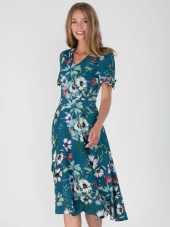 Floral Print Bow Detail Tea Dress, Teal Floral