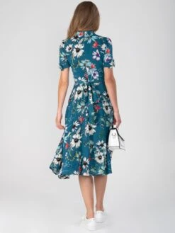 Floral Print Bow Detail Tea Dress, Teal Floral -DORIA Clothing Shop DSC 9806
