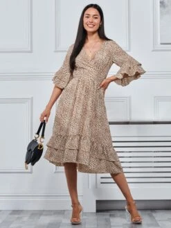 Litzy Print Flute Sleeve Midi Dress, Animal Multi