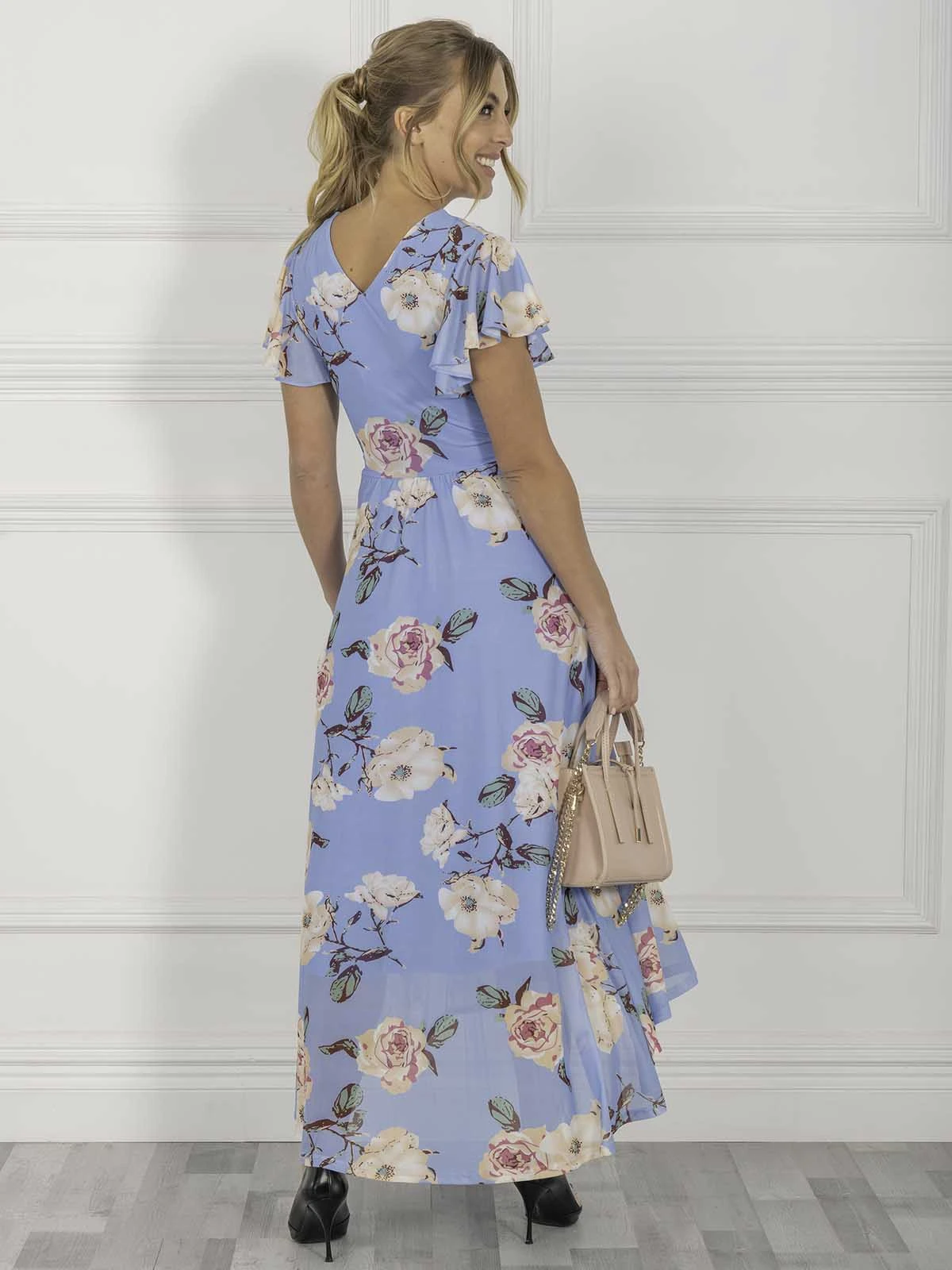 Jolie Moi Eliza Dip Hem Mesh Maxi Dress, Blue Floral 2 Jolie Moi Eliza Dip Hem Mesh Maxi Dress, Blue Floral - Image 2