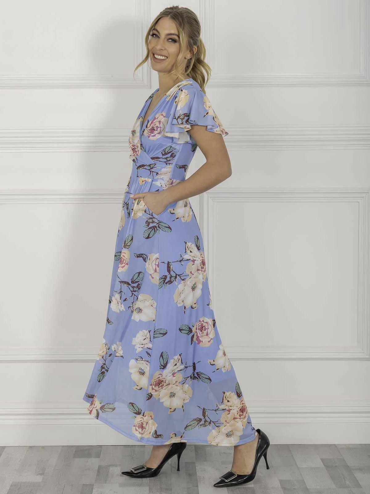 Jolie Moi Eliza Dip Hem Mesh Maxi Dress, Blue Floral 3 Jolie Moi Eliza Dip Hem Mesh Maxi Dress, Blue Floral - Image 3